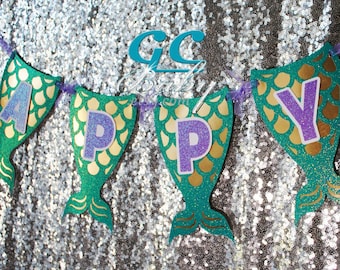 CUSTOM Mermaid Tail Birthday Banner - I Am 1, Name, Happy Birthday in ANY color combination - Party Decoration, Bunting, High Chair Garland