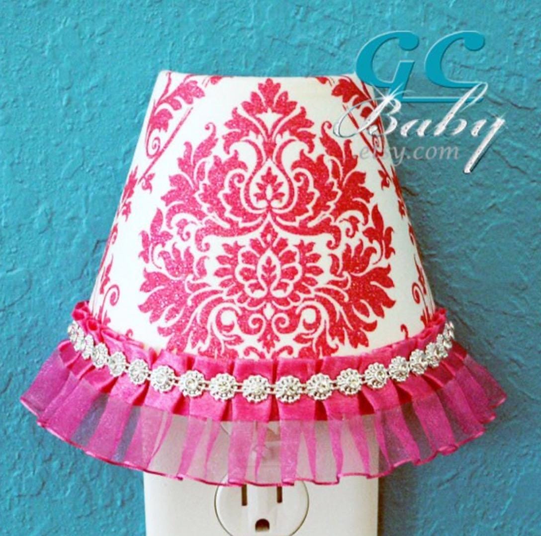 Damask Night Light - Custom Fabric Shade Plug-In Outlet Lamp with On/Off Switch in Silver/Grey, Pink or Aqua Glitter