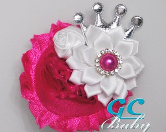 Shabby Flower Hair Accessory - Hot Pink and White with Pearl Rhinestones and Silver Crown - You Choose Hair Clip, Elastic Headband, Barrette