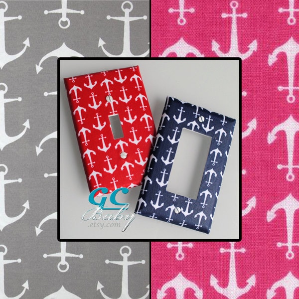 Nautical Anchors Light Switch and Outlet Covers - 8 Colors Grey, Red, Blue, Pink, Brown - Rocker, Decorator, Toggle, Pole, Duplex, Plug