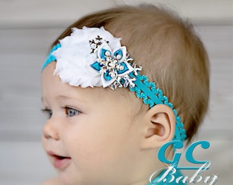 Snowflake Shabby Flower Hair Accessory - Blue, White, Silver, Rhinestones - You Choose Hair Clip, Elastic Headband, Barrette