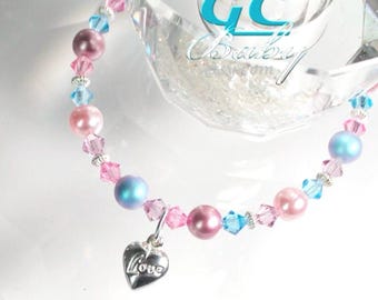 Custom Swarovski Crystal Pearl Bracelet - 33 Colors & 9 Sterling Silver Charms Choices - for Newborn, Baby, Girl, Teen, Adult
