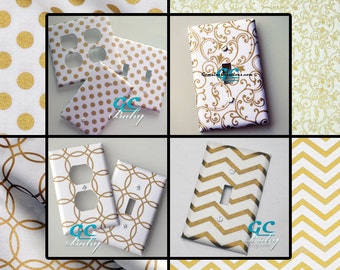 White & Gold Metallic Decorator Light Switch and Outlet Covers - 8 Prints in Chevron, Dot, Zebra, Vine, Birds - Rocker, Toggle, Duplex, Plug