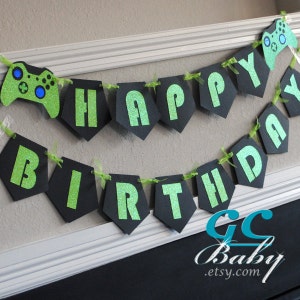 Gamer Birthday Party Banner, Custom Happy Birthday Video Game Banner, Personalized Video Game Party Decoration image 1