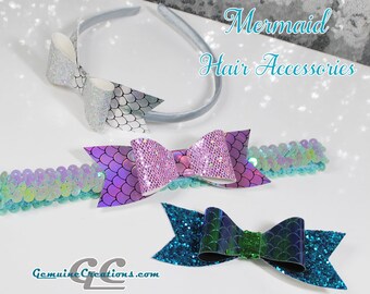 Mermaid Bow Hair Clips, Glitter Mermaid Headband, Stretchy Mermaid Hairband, Mermaid Scales Ponytail Elastic, Mermaid Baby Headband