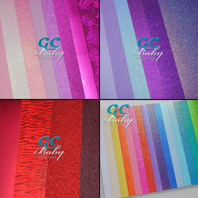Op de afbeelding: Een assortiment glitterpapier in verschillende kleuren, waaronder roze, paars, rood, blauw en groen. Het papier is gerangschikt in rijen en kolommen, en elk vel heeft een ander glitterpatroon. Het papier is gelabeld met "GC Baby" en is waarschijnlijk bedoeld voor knutselen of scrapbooking.