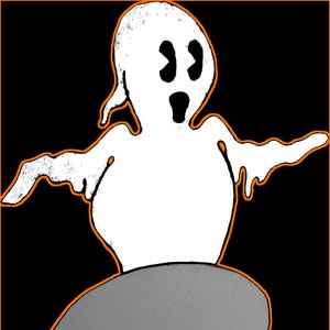 May include: A white cartoon ghost with a wide open mouth and outstretched arms, sitting on a gray egg with cracks. The image has an orange border and a black background, perfect for Halloween.