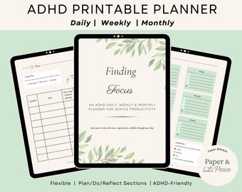 ADHS Fokus-Planer | Tägliche, wöchentliche, monatliche Layouts | Fokus & Motivation Notizbuch | Kreativität Vorlage | (A4/US Letter PDF Download)