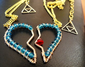 His and Hers or Best Friends L.O.Z. Heart Piece Necklaces with Triforce
