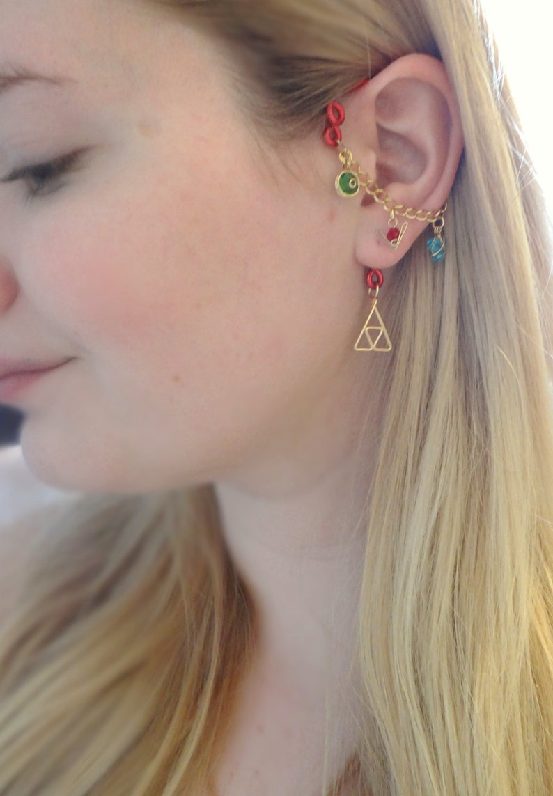 L.O.Z.® Wise Ear Bend with Hanging Spiritual Stones and Triforce in Red image 4