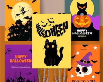 May include: A collection of Halloween-themed cards with various designs. One card features a witch flying in front of a full moon, while another has a black cat on a pumpkin. Other cards include the text "Halloween" and "Boo to You!"