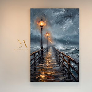 May include: Oil painting depicting a pier with street lamps extending into a stormy sea. The artwork uses a dark colour palette with shades of grey, brown, and orange. The pier's wooden planks reflect the warm glow of the lamps.
