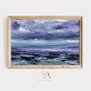 Purple Coastal Landscape Wall Art, Dramatic Seascape Print, Impressionist Ocean Painting, Moody Nature Artwork, Digital Art