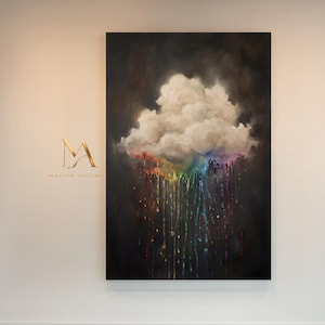 May include: A rectangular canvas features a painting of a white cloud against a dark backdrop. Rainbow-coloured drips cascade from the cloud's underside, creating a vibrant effect. The artwork is a modern piece, suitable for a living room or bedroom.