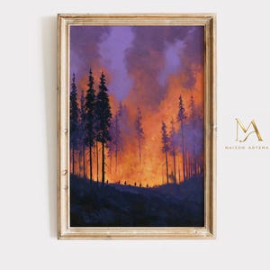 Wildfire Forest Wall Art, Burning Woodland Print, Dramatic Nature Painting, Wilderness Landscape Artwork, Digital Art