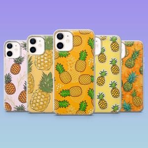 May include: Five mobile phone cases with pineapple designs in shades of pink, yellow, and orange. Each case displays a different pineapple pattern, some with whole pineapples and others with pineapple outlines.