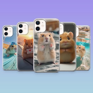 May include: A collection of five phone cases featuring adorable hamster designs. Each case showcases a different image of a hamster, including one holding a sign that says "I Love You". The cases have a clear, glossy finish.