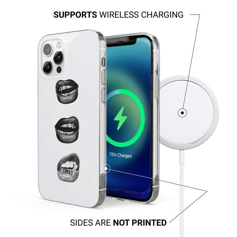 Pu&ograve; includere: Una custodia bianca per telefono con tre illustrazioni in bianco e nero di bocche con zanne. Il telefono si ricarica in modalit&agrave; wireless su un pad di ricarica bianco. Il testo sull'immagine recita: SUPPORTS WIRELESS CHARGING e SIDES ARE NOT PRINTED.