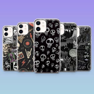 May include: Five phone cases with various black and white designs. One case features a skull pattern, while others display graphics of guitars, records, and text. The cases are made of clear plastic.