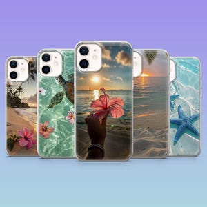 May include: A collection of five clear phone cases featuring tropical beach scenes. Each case displays a different image, including a sunset, ocean waves, a sea turtle, and a hand holding a pink flower. The cases have a glossy finish and are designed for a smartphone.