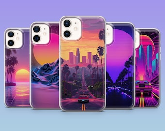 May include: Five clear phone cases with retro-style designs. Each case features a different landscape, including palm trees, sunsets, and cityscapes in shades of pink, purple, and orange. The cases are designed for a smartphone.