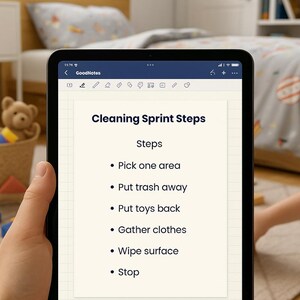 May include: A black tablet shows a "Cleaning Sprint Steps" list, with instructions like "Pick one area" and "Put trash away." The tablet is held in a hand, with a bed and toys visible. The app is "GoodNotes."