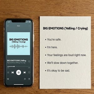 Può includere: Uno smartphone mostra un'app musicale con il titolo "BIG EMOTIONS (Yelling / Crying)" e un grafico a forma d'onda. Accanto, una carta bianca elenca frasi di supporto: "Sei al sicuro", "Sono qui" e "Va bene essere tristi."
