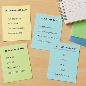 May include: An overhead shot shows four colorful cards with instructions and a spiral notebook. The cards are labeled "Entering Class Card", "Work Time Card", "Transition Card", and "Feelings Check-In". Two yellow pencils are on the left.