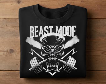 Beast Mode Schädel Sweatshirt mit Rundhalsausschnitt, schwere Mischung, Kraftraum, Hantel Langarm Shirt, Workout-Bekleidung
