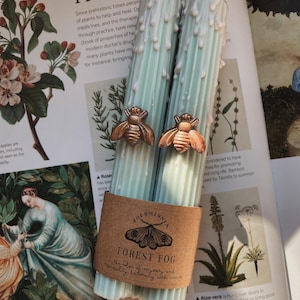 Pode incluir: Duas velas de pilar azul claro com cera branca escorrida, adornadas com detalhes de abelhas de bronze. Uma faixa de papel castanho diz "FOREST FOG" com uma ilustração de traça. As velas estão numa página de livro sobre plantas medicinais.