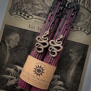 Pode incluir: Duas velas roxas escuras com gotas de cera preta, adornadas com brincos de cobra dourados, repousam sobre um jornal vintage. Um rótulo castanho diz "MEETING THE SHADOW SIDE". As velas são um item decorativo.