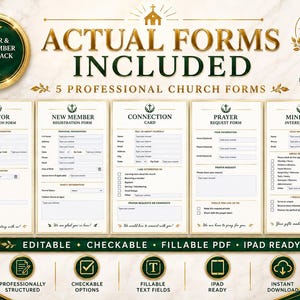 Pode incluir: Um pacote digital de cinco formulários profissionais para igrejas, incluindo formulário de visitante, registro de novos membros, cartão de conexão, pedido de oração e interesse ministerial com detalhes em dourado e verde escuro.