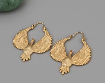 Gold Phoenix Bird Earrings, Brass Bird Hoop Earrings, Wing Statement Earrings, Mythical Bird Jewelry, Boho Gold Earrings,