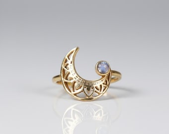 Gold Crescent Moonstone Ring: Filigree Celestial Brass, Adjustable