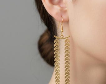 Gold Leaf Dangle Earrings | Boho Long Statement Earrings