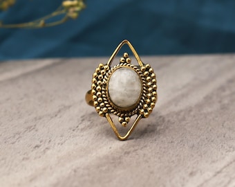Moonstone Brass Gold Ring, Handmade Boho Statement Ring, Vintage Tribal Ring, Unique Geometric Ring, Gift for Her, Artisan Jewelry