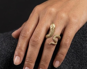 Brass Gold Snake Ring, Handmade Adjustable Serpent Ring, Coiled Snake Statement Ring, Gothic Boho Jewelry, Wrap Ring Gift for Her