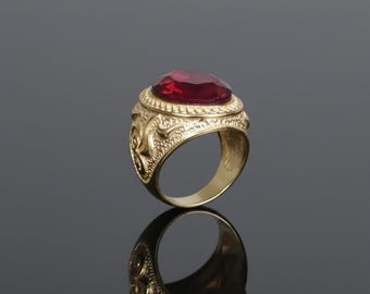 Vintage Garnet Cocktail Ring, 18K Gold Plated Brass, Handmade