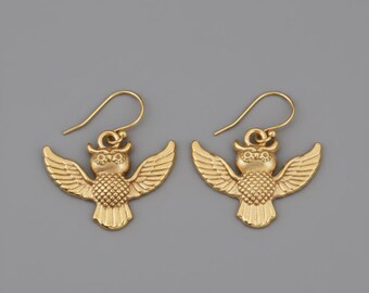 Gold Owl Dangle Earrings | Boho Brass Bird Jewelry