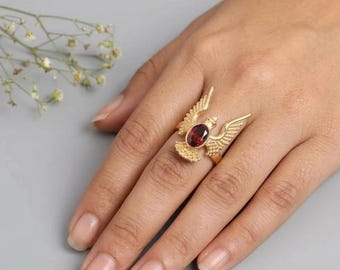 Winged Garnet Ring Gold, Red Gemstone Angel Wing Ring, Gothic Garnet Jewelry, Fantasy Statement Ring, Vintage Style Garnet Ring Gift