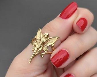 Fairy Angel Ring Gold, Brass Fairy Wing Ring, Fantasy Fairy Jewelry, Adjustable Gold Ring, Magical Fairy Ring, Woodland Fairy Gift,