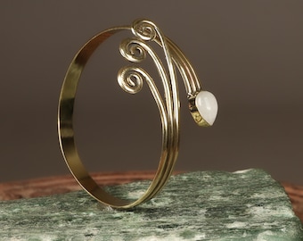 Handmade Brass Gold Moonstone Cuff Bracelet, Open Bangle Bracelet, Boho Moonstone Bracelet, Adjustable Statement Cuff, Minimalist