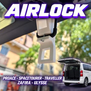 Könnte beinhalten: Ein weißer Kunststoff-Airlock-Verschluss für Fahrzeugheckklappen. Das Gerät verfügt über einen zentralen Hakenmechanismus mit einem schwarzen gummierten Griff. Der Text auf dem Bild lautet AIRLOCK, PROACE, SPACETOURER, TRAVELLER, ZAFIRA, ULYSSE.