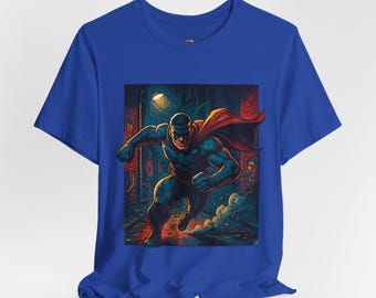 Masked Superhero Illustration T-Shirt | Night City Action, Red Cape
