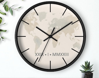 Personalized World Map Wall Clock, Custom Roman Numeral Clock, Travel Wanderlust Gift, Modern Home Decor, Anniversary Housewarming Gift