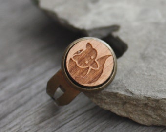 Wood Fox Ring - Cherry Wood Laser Engraved Curled Up Fox - adjustable ring, brass ring, wood ring, woodland ring, woodland jewelry, laser