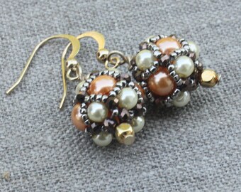 Antique Lace Handwoven Beaded Bead Earrings - Gold Earrings, lightweight earrings, beadwoven earrings, seed bead earrings