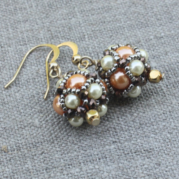 Antique Lace Handwoven Beaded Bead Earrings - Gold Earrings, lightweight earrings, beadwoven earrings, seed bead earrings