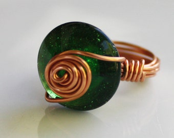 Wire Wrapped Ring - Green Flying Saucer Ring, Copper Wire Ring - Size 4 ring, green ring, copper ring, small ring, glass ring, handmade ring