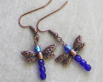 Dragonfly Earrings - Copper and Blue earrings, insect earrings, dragonfly jewelry, copper earrings, woodland earrings, woodland jewelry